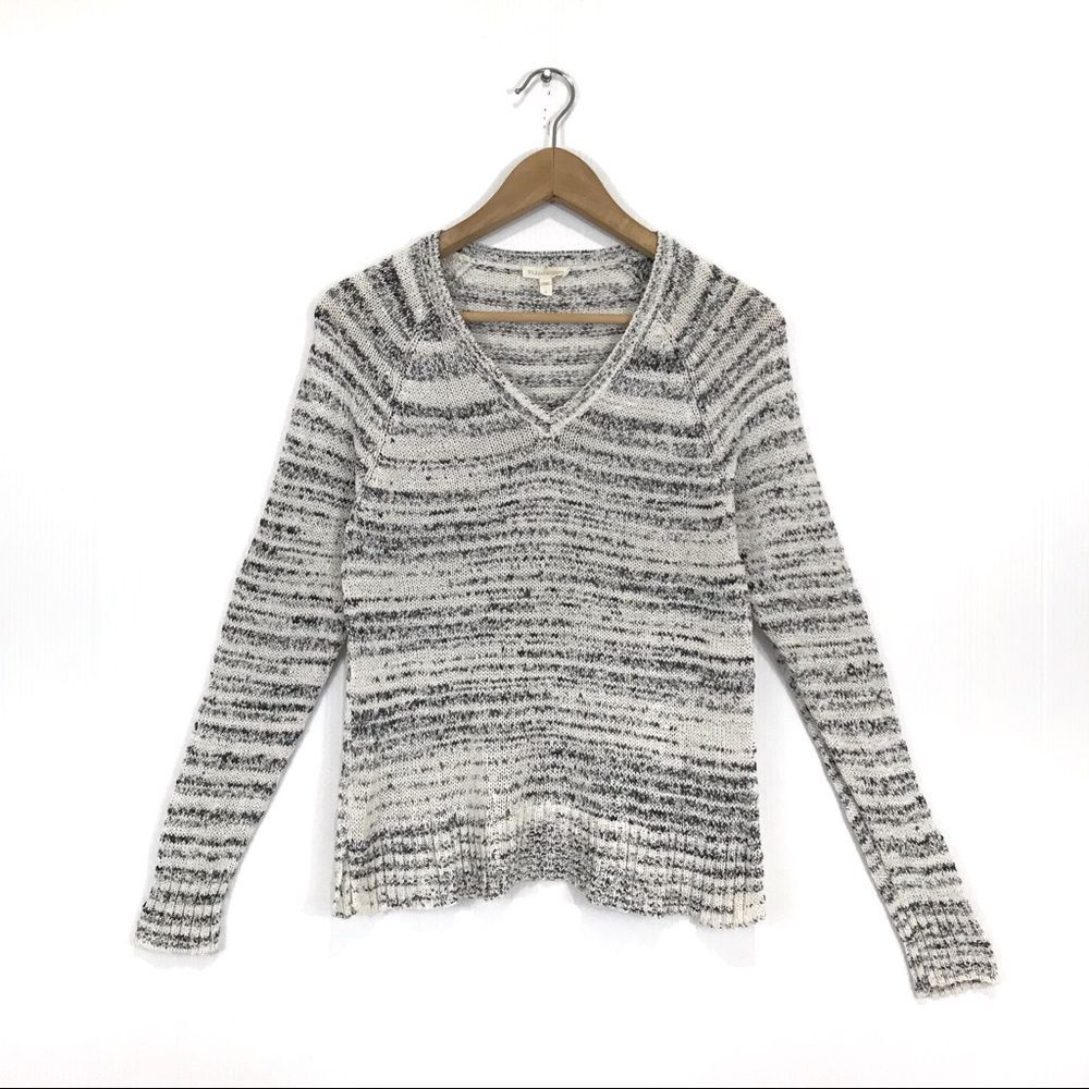 Eileen Fisher Striped Gray & Ivory Marled Knit V-Neck Long Sleeve Sweater Small